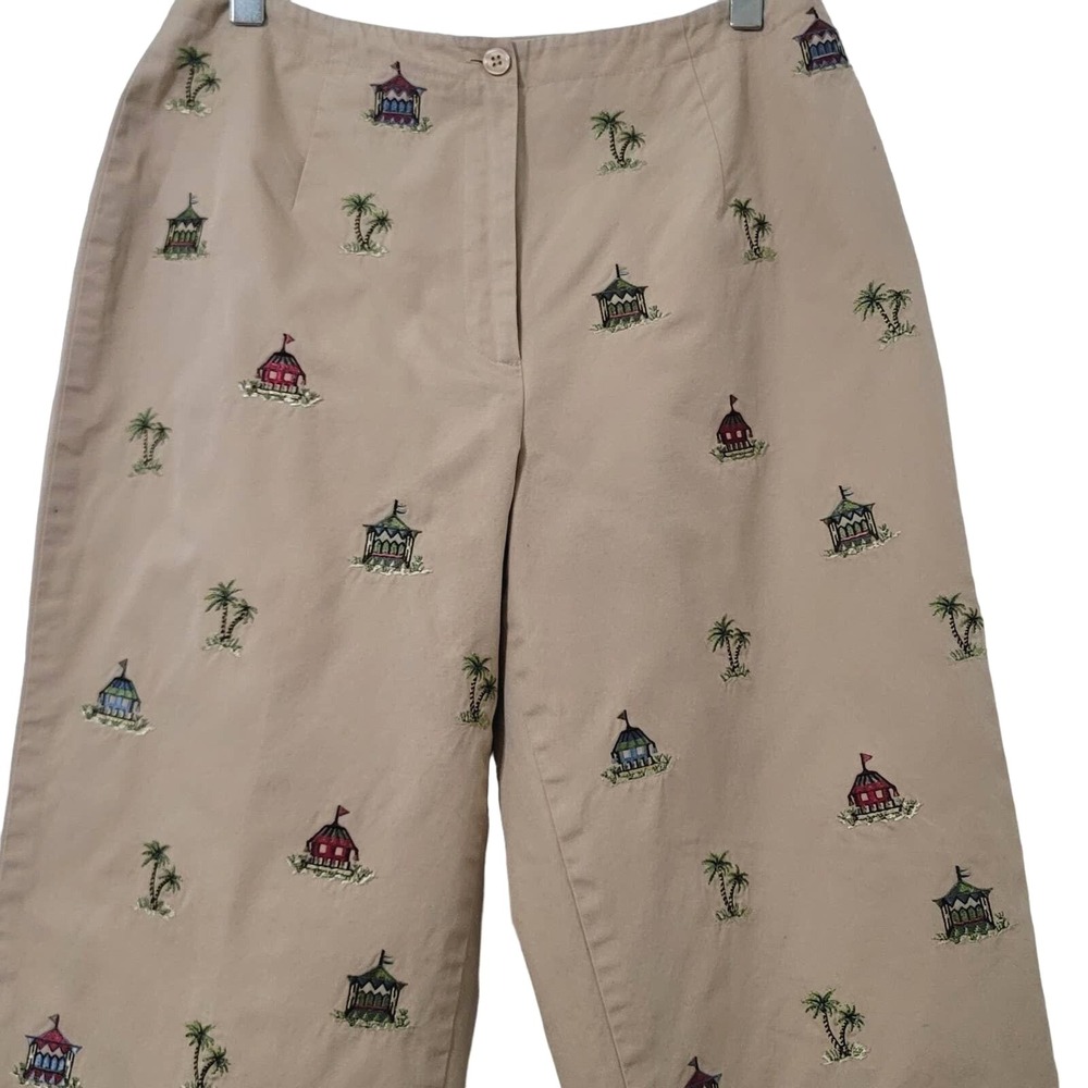Talbots Ankle Pants 8P Tan Embroidered Flat Front Cotton‎ Tropical Resort Travel